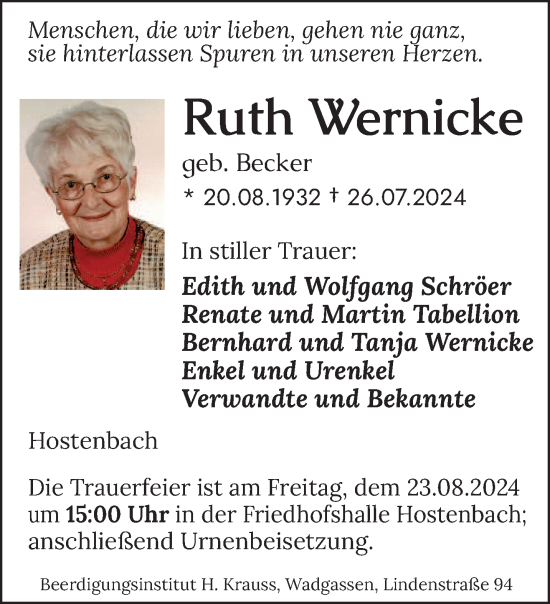 Traueranzeige von Ruth Wernicke von saarbruecker_zeitung