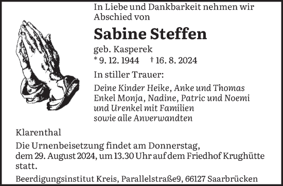 Traueranzeige von Sabine Steffen von saarbruecker_zeitung