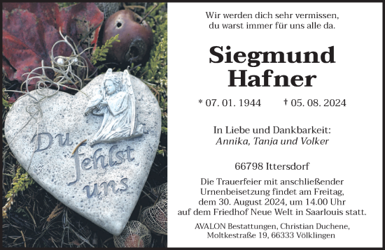 Traueranzeige von Siegmund Hafner von saarbruecker_zeitung