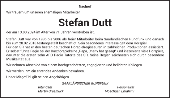 Traueranzeige von Stefan Dutt von saarbruecker_zeitung