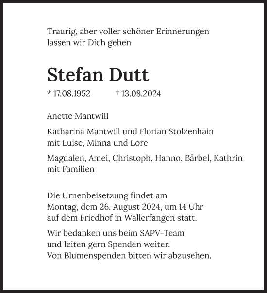 Traueranzeige von Stefan Dutt von saarbruecker_zeitung