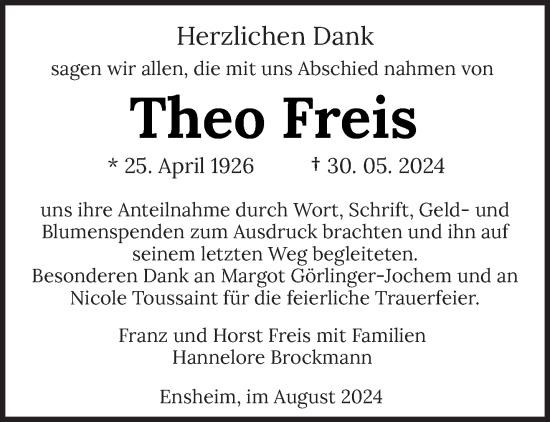 Traueranzeige von Theo Freis von saarbruecker_zeitung