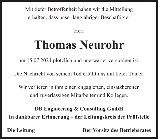 Traueranzeige von Thomas Neurohr von saarbruecker_zeitung