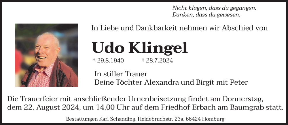  Traueranzeige für Udo Klingel vom 02.08.2024 aus saarbruecker_zeitung