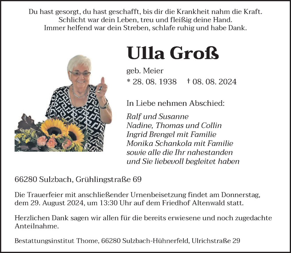  Traueranzeige für Ulla Groß vom 24.08.2024 aus saarbruecker_zeitung