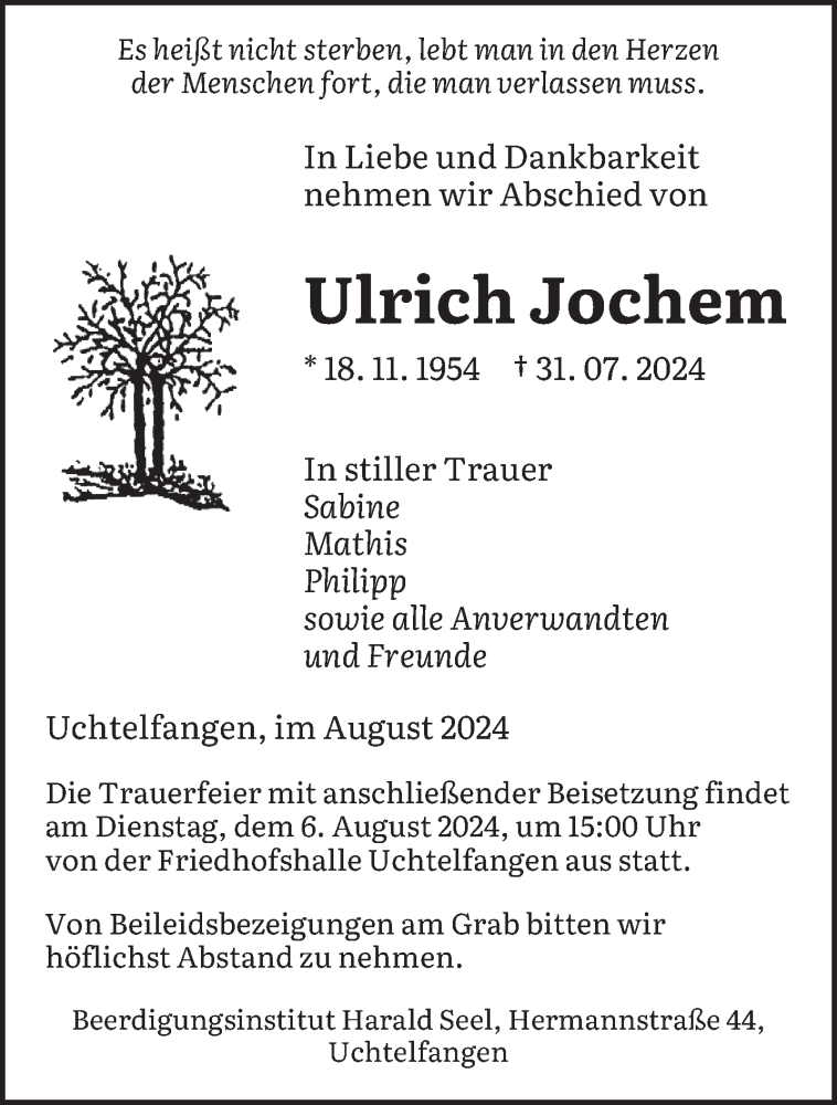  Traueranzeige für Ulrich Jochem vom 03.08.2024 aus saarbruecker_zeitung