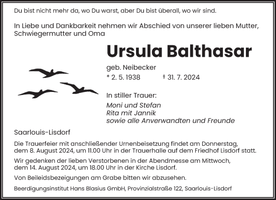 Traueranzeige von Ursula Balthasar von saarbruecker_zeitung