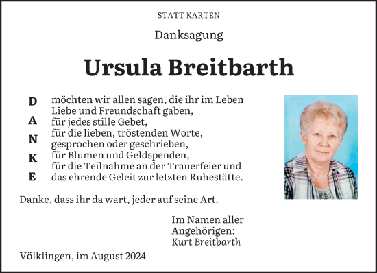 Traueranzeige von Ursula Breitbarth von saarbruecker_zeitung