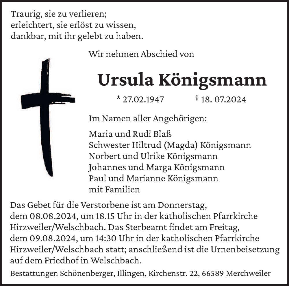  Traueranzeige für Ursula Königsmann vom 03.08.2024 aus saarbruecker_zeitung