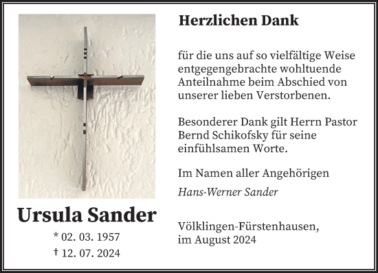 Traueranzeige von Ursula Sander von saarbruecker_zeitung