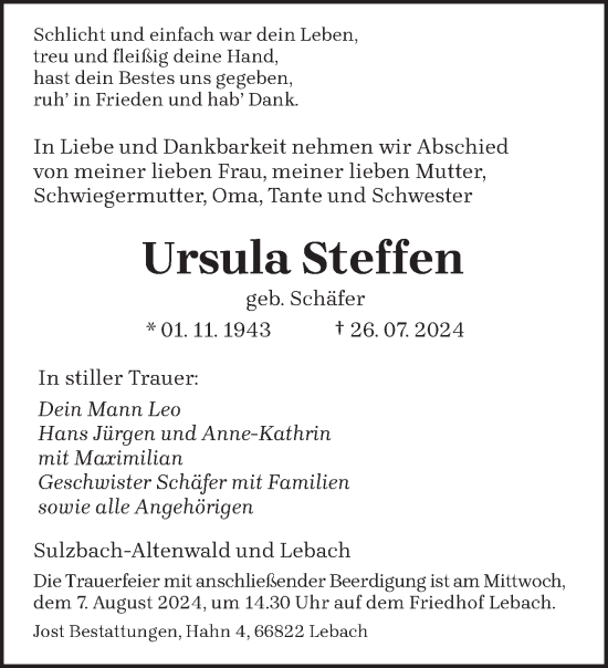 Traueranzeige von Ursula Steffen von saarbruecker_zeitung