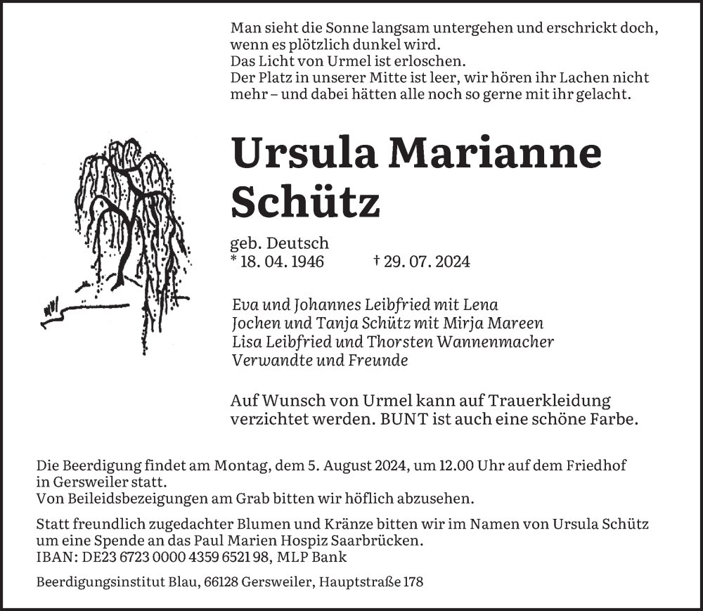  Traueranzeige für Ursula Marianne Schütz vom 03.08.2024 aus saarbruecker_zeitung