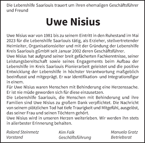 Traueranzeige von Uwe Nisius von saarbruecker_zeitung