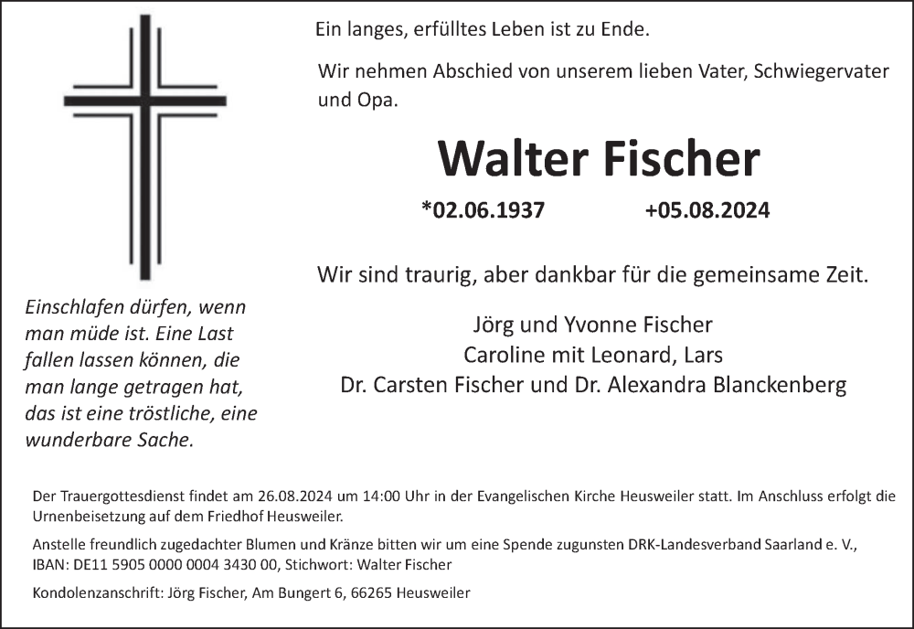  Traueranzeige für Walter Fischer vom 10.08.2024 aus saarbruecker_zeitung