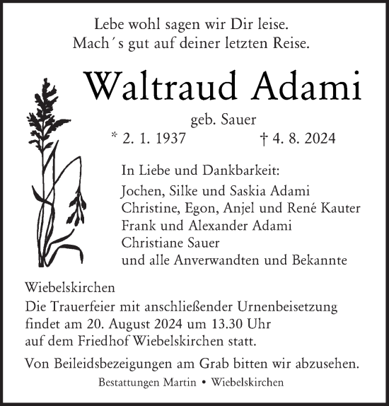 Traueranzeige von Waltraud Adami von saarbruecker_zeitung