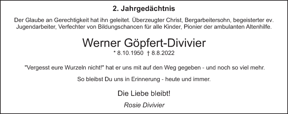  Traueranzeige für Werner Göpfert-Divivier vom 03.08.2024 aus saarbruecker_zeitung