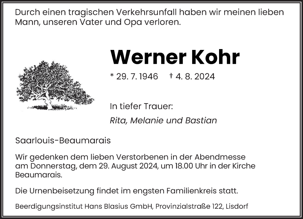  Traueranzeige für Werner Kohr vom 24.08.2024 aus saarbruecker_zeitung