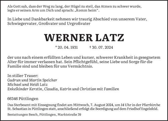 Traueranzeige von Werner Latz von saarbruecker_zeitung