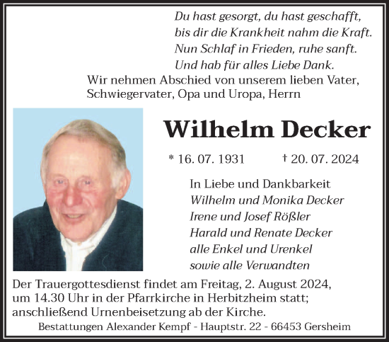Traueranzeige von Wilhelm Decker von saarbruecker_zeitung