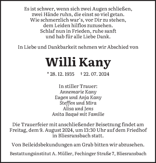 Traueranzeige von Willi Kany von saarbruecker_zeitung