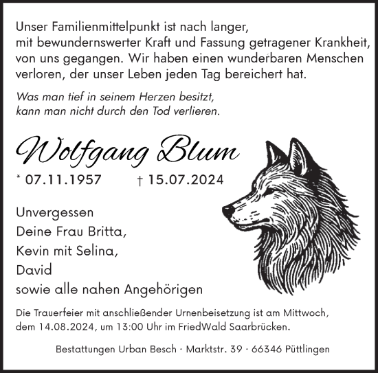 Traueranzeige von Wolfgang Blum von saarbruecker_zeitung