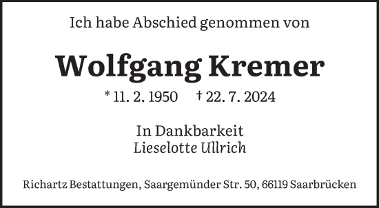 Traueranzeige von Wolfgang Kremer von saarbruecker_zeitung