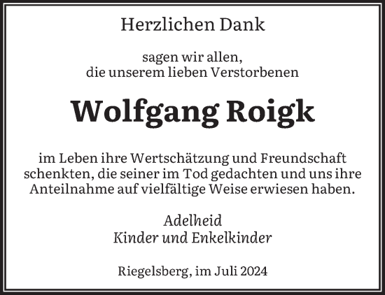 Traueranzeige von Wolfgang Roigk von saarbruecker_zeitung