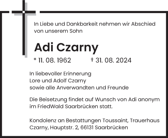 Traueranzeige von Adi Czarny von saarbruecker_zeitung