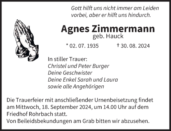 Traueranzeige von Agnes Zimmermann von saarbruecker_zeitung