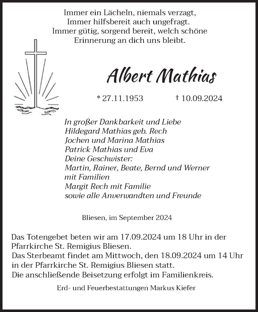  Traueranzeige für Albert Mathias vom 14.09.2024 aus saarbruecker_zeitung