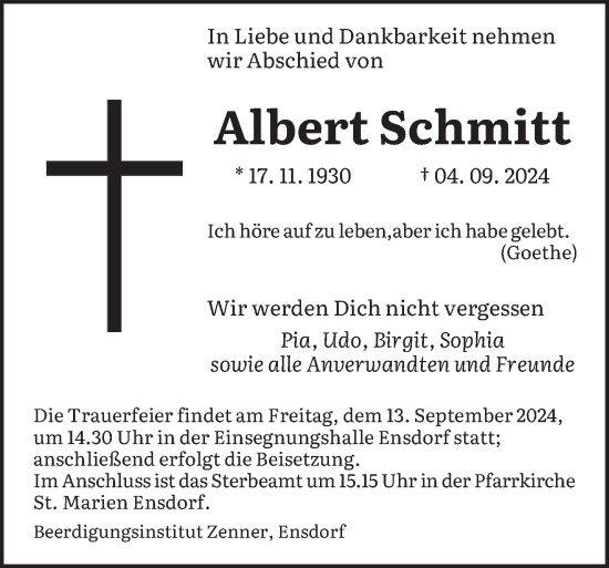 Traueranzeige von Albert Schmitt von saarbruecker_zeitung