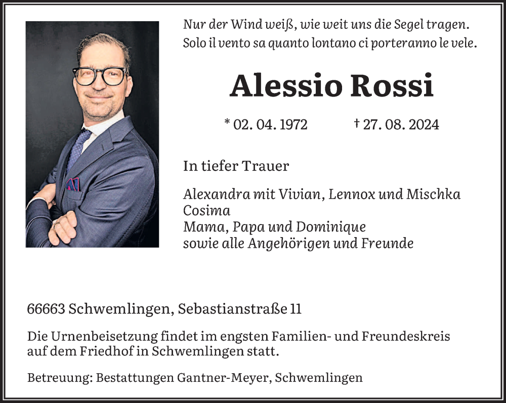  Traueranzeige für Alessio Rossi vom 31.08.2024 aus saarbruecker_zeitung