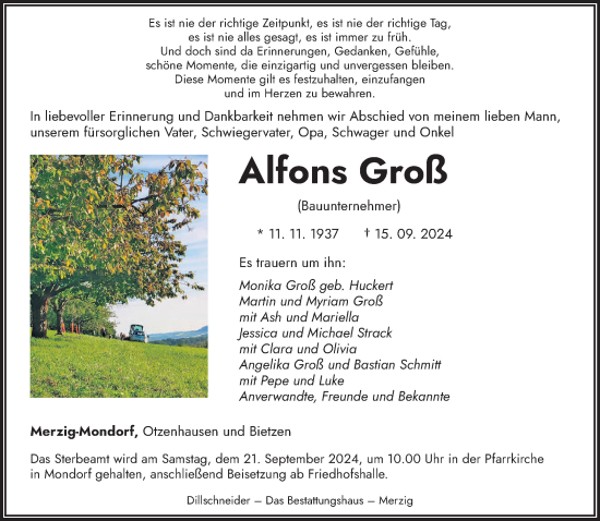 Traueranzeige von Alfons Groß von saarbruecker_zeitung