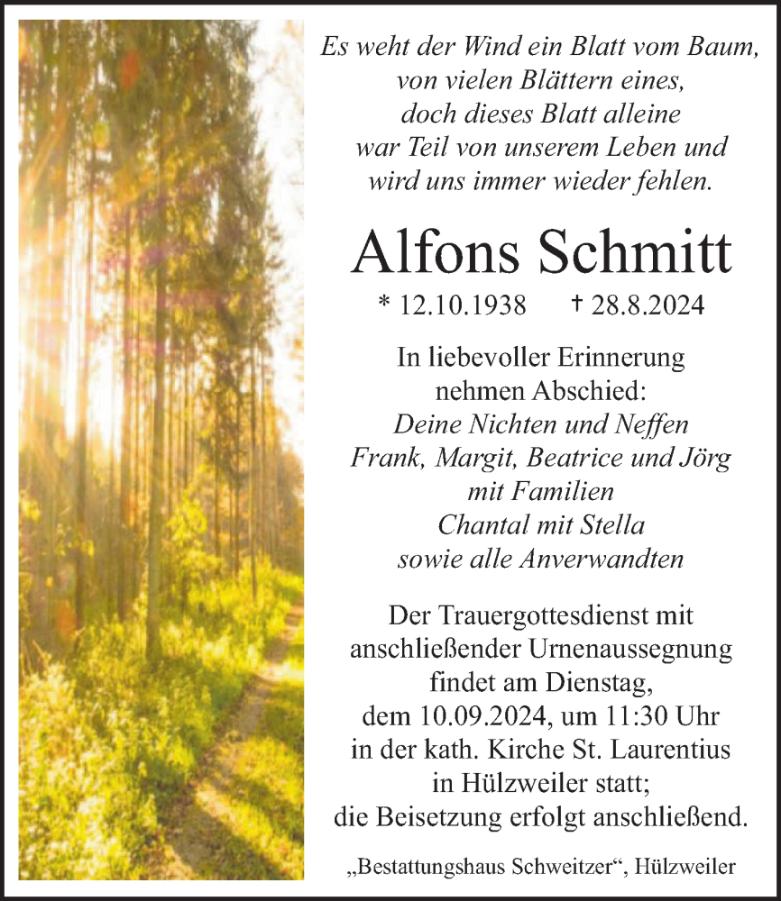  Traueranzeige für Alfons Schmitt vom 31.08.2024 aus saarbruecker_zeitung