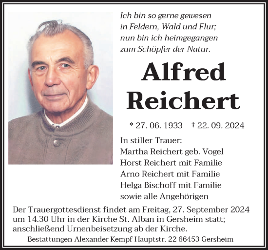 Traueranzeige von Alfred Reichert von saarbruecker_zeitung