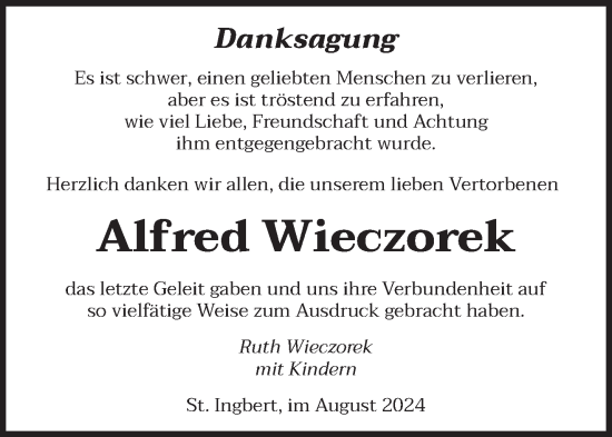 Traueranzeige von Alfred Wieczorek von saarbruecker_zeitung