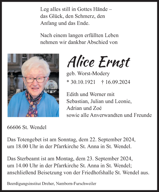 Traueranzeige von Alice Ernst von saarbruecker_zeitung