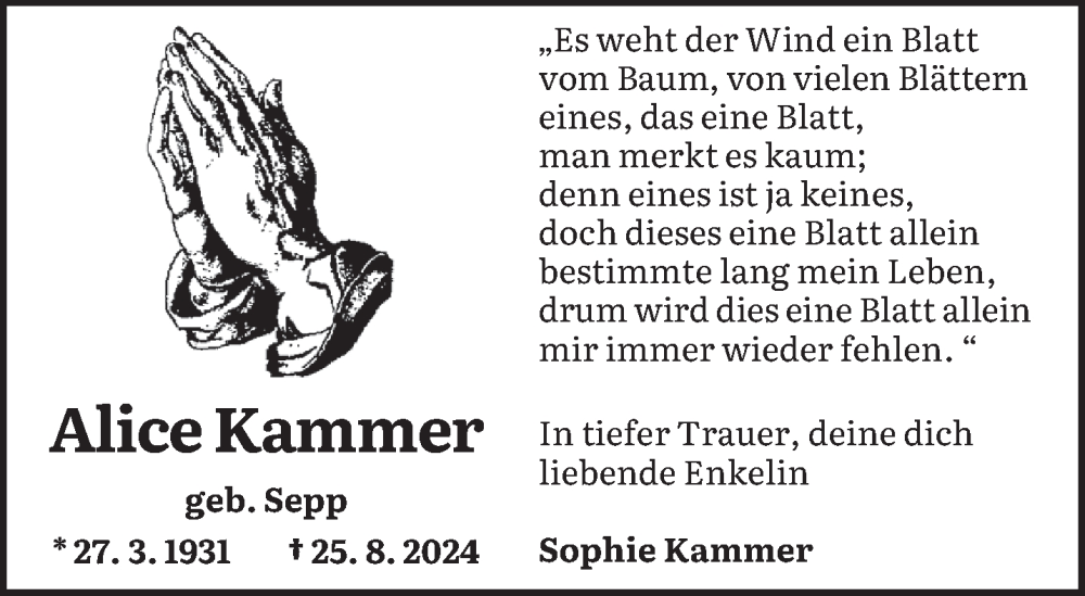  Traueranzeige für Alice Kammer vom 06.09.2024 aus saarbruecker_zeitung