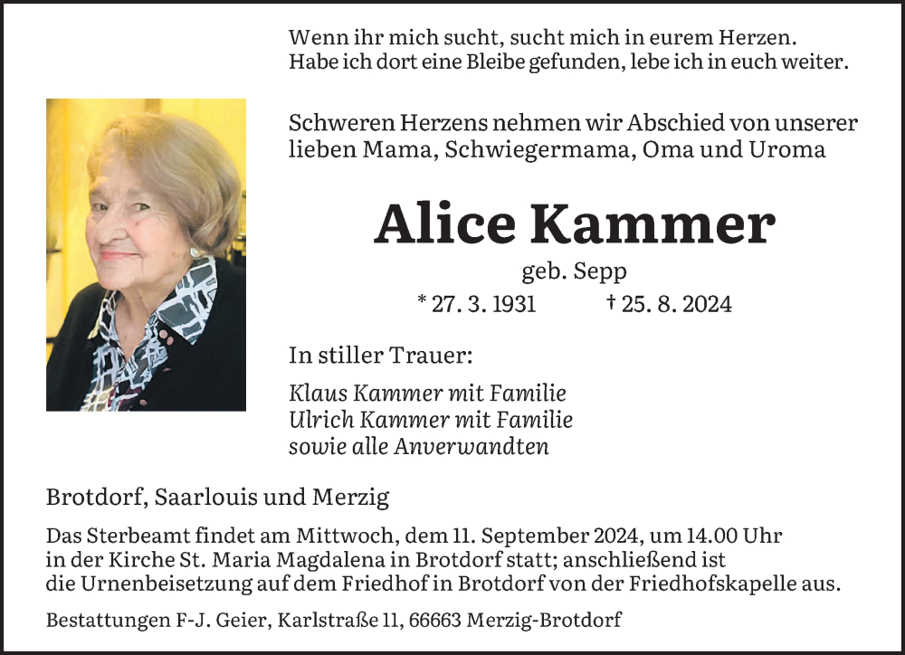  Traueranzeige für Alice Kammer vom 06.09.2024 aus saarbruecker_zeitung