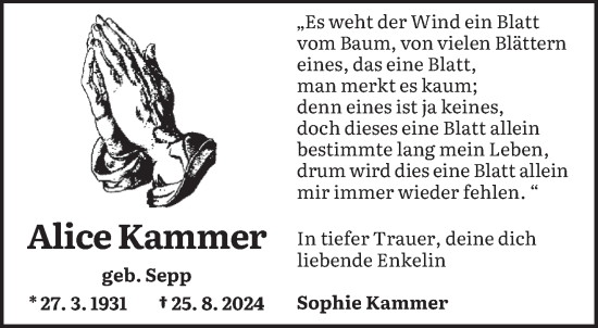 Traueranzeige von Alice Kammer von saarbruecker_zeitung