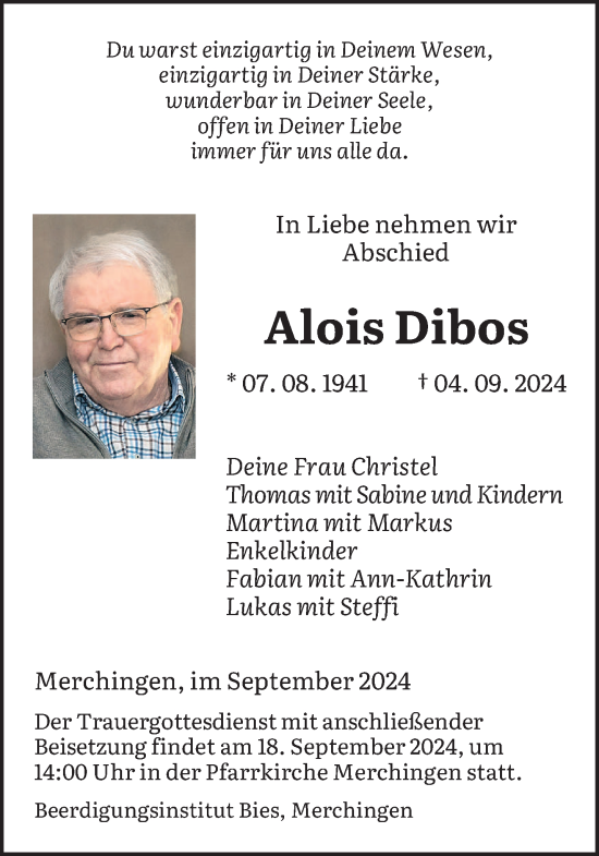 Traueranzeige von Alois Dibos von saarbruecker_zeitung