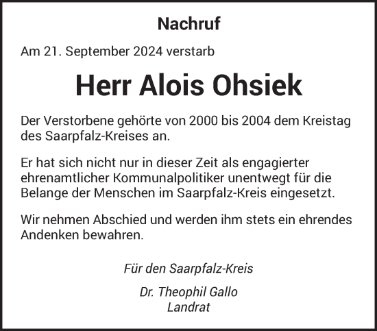 Traueranzeige von Alois Ohsiek von saarbruecker_zeitung