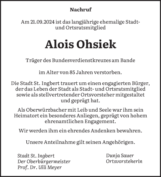 Traueranzeige von Alois Ohsiek von saarbruecker_zeitung