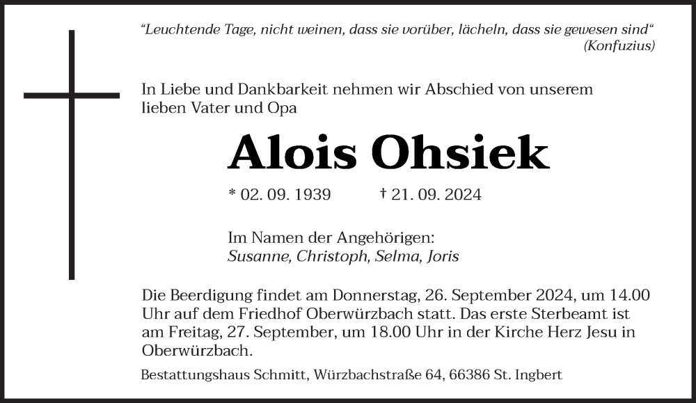  Traueranzeige für Alois Ohsiek vom 24.09.2024 aus saarbruecker_zeitung