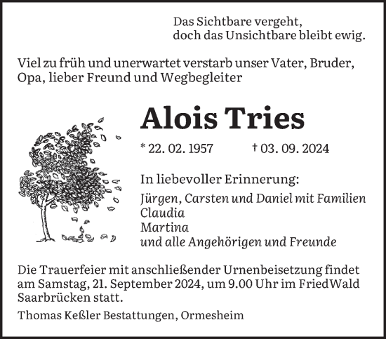 Traueranzeige von Alois Tries von saarbruecker_zeitung