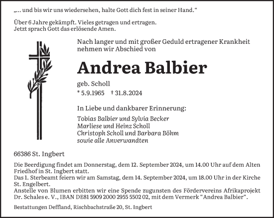 Traueranzeige von Andrea Balbier von saarbruecker_zeitung