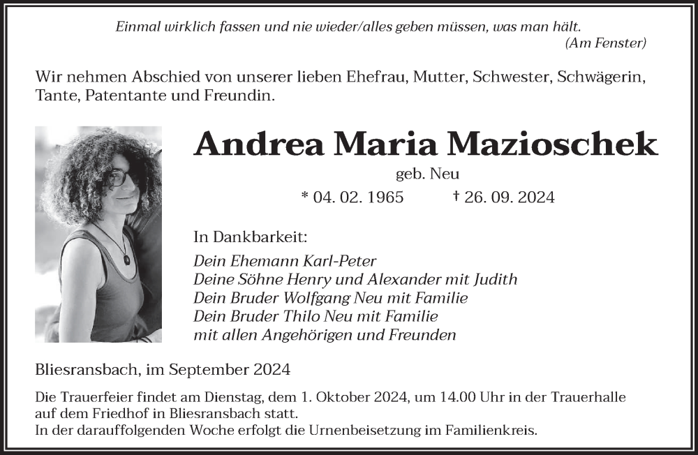  Traueranzeige für Andrea Maria Mazioschek vom 28.09.2024 aus saarbruecker_zeitung