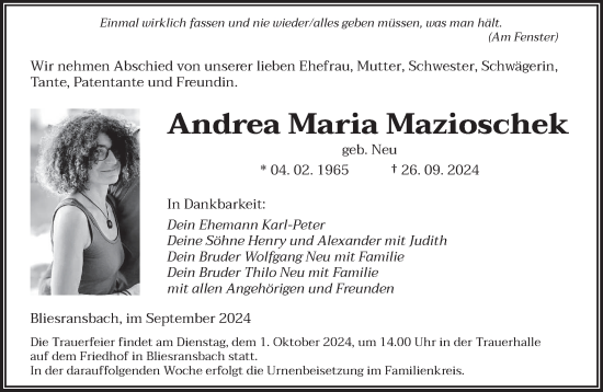 Traueranzeige von Andrea Maria Mazioschek von saarbruecker_zeitung