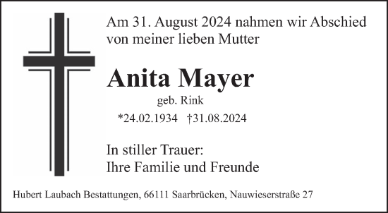 Traueranzeige von Anita Mayer von saarbruecker_zeitung