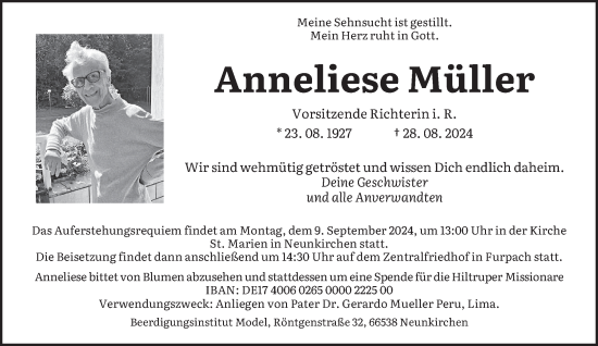 Traueranzeige von Anneliese Müller von saarbruecker_zeitung